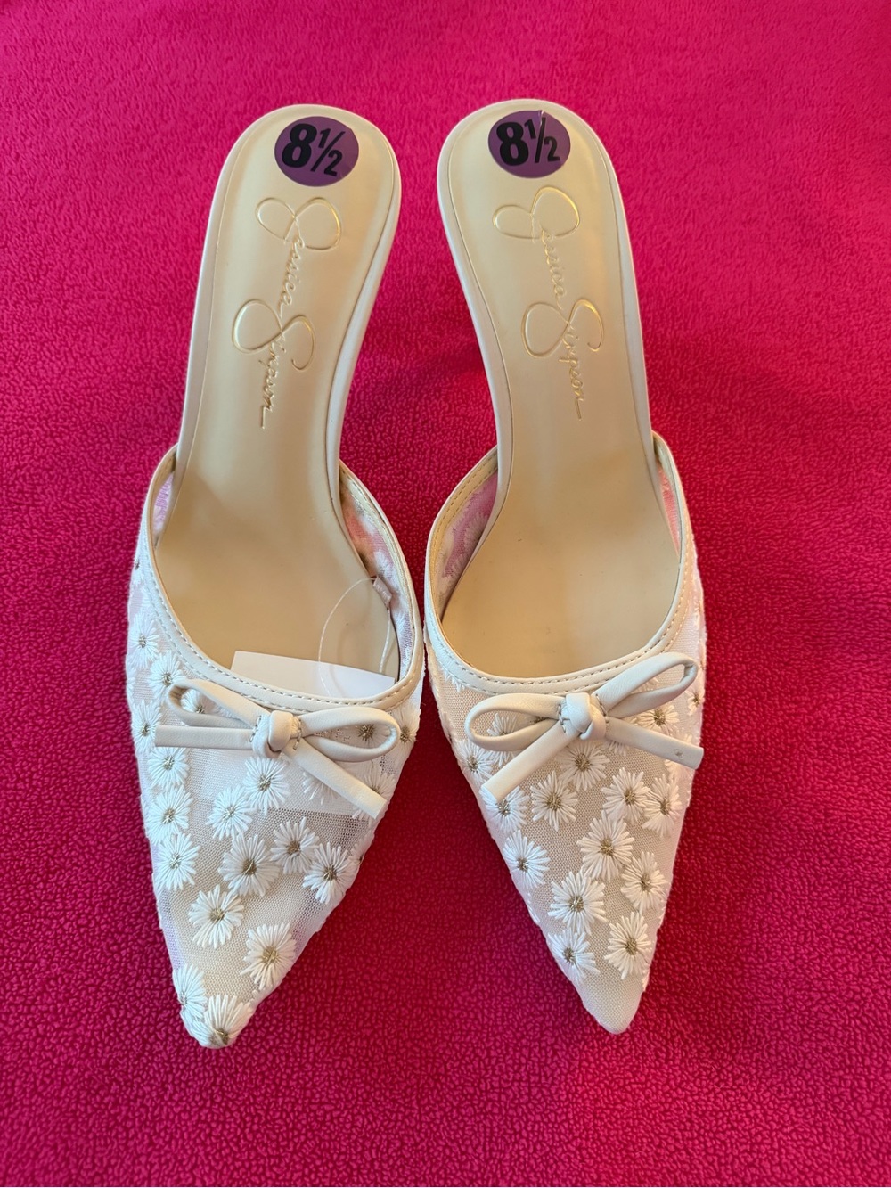 Jessica Simpson Cream Floral Embroidered Pointed Mules with Bow